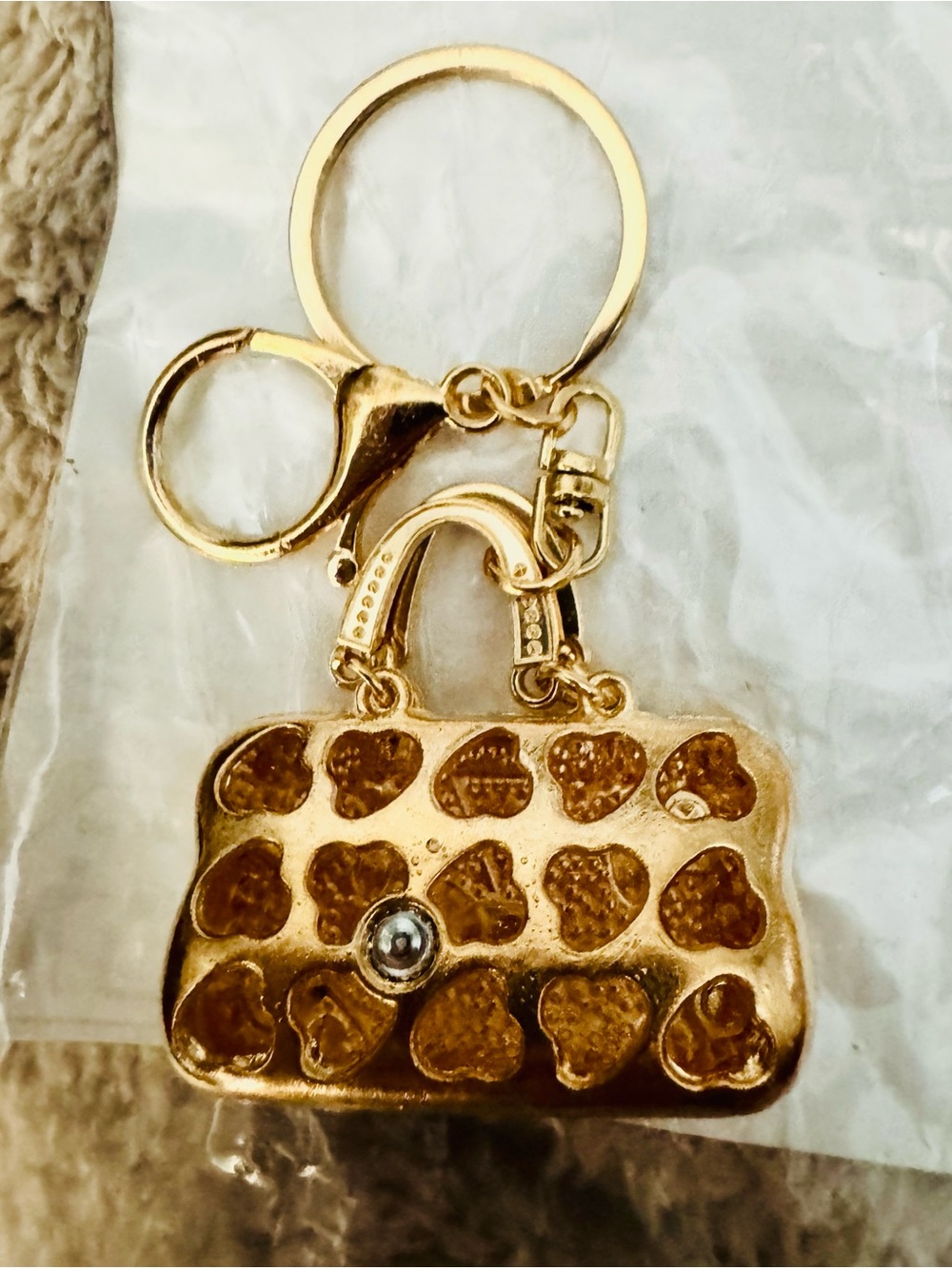 Unbranded Gold-Tone Pink OR Cream Rhinestone Handbag Keychain (price per 1) - Picture 5 of 5